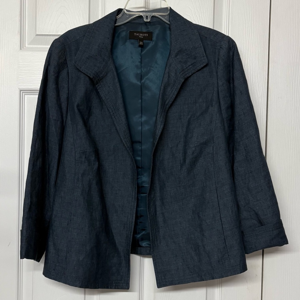Talbots Blue 100% Linen Open Front Jacket Blazer Sz 14W
